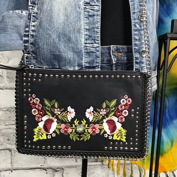 Harlow Black Boho Biker Chic Embroidered Crossbody Shoulder Clutch Bag - Picture 3 of 9